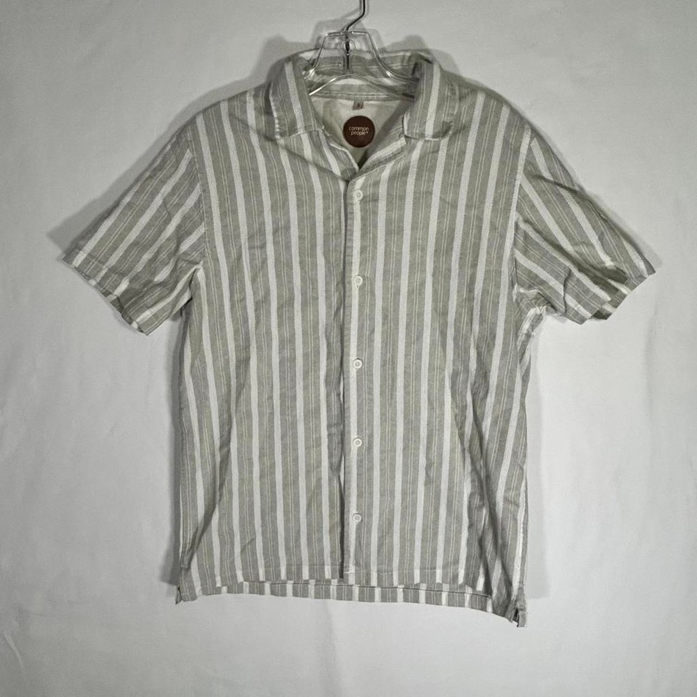 COMMON PEOPLE Men's Small Gray White Striped Short Sleeve Button-Up Shirt Casual
